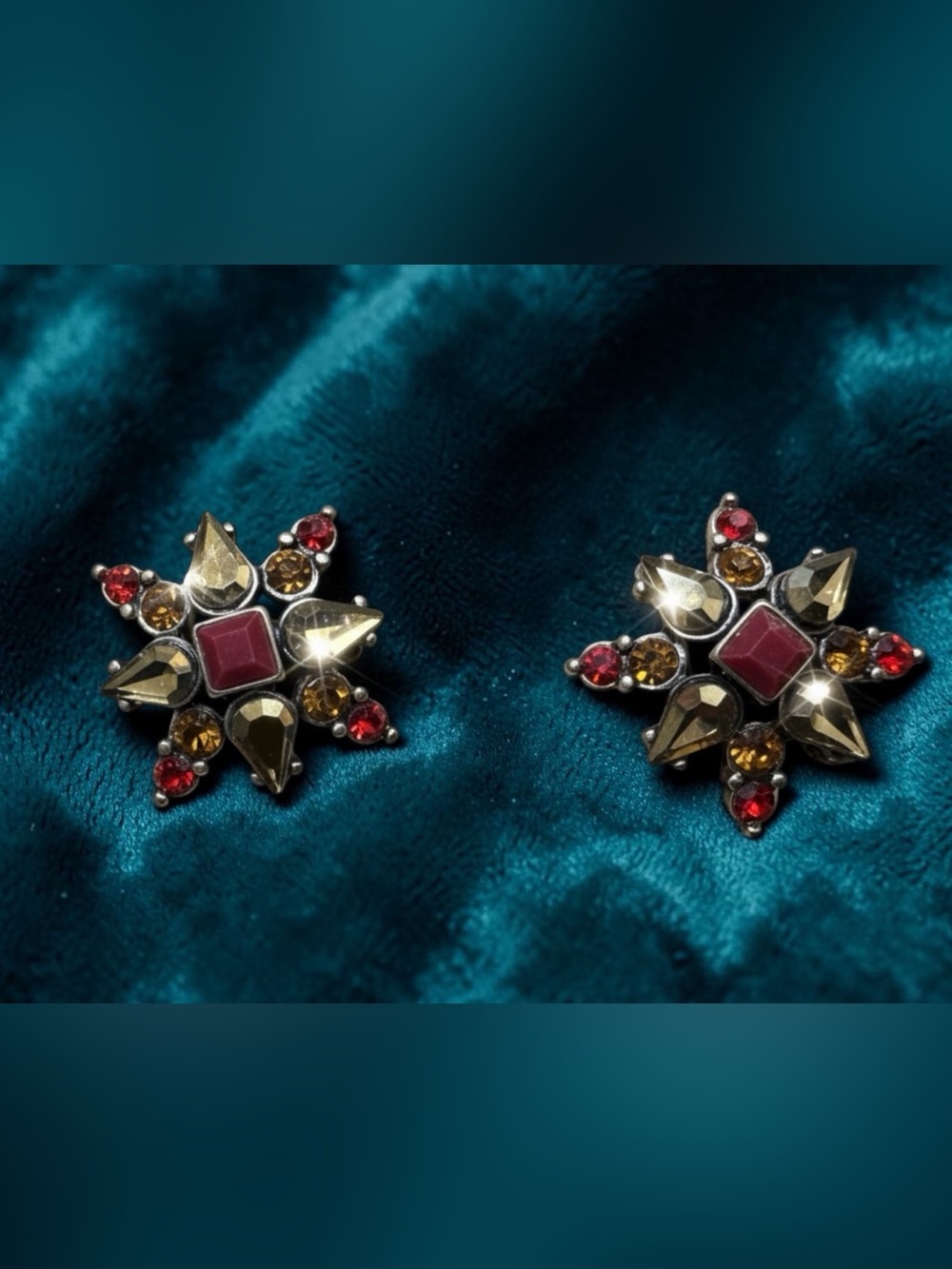Allison Reed Crystal Starburst Earrings Amber,Gold&Red (matching necklace)